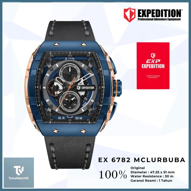 Jam Tangan S Expedition Chronograph E 6782 MCLURBUBA Men Blue Dial Black Leather Strap
