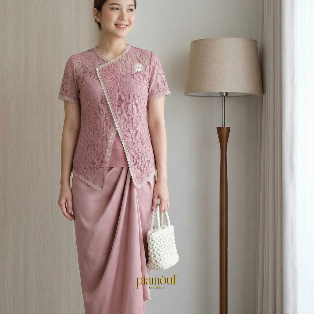 PIAMOUR Setelan Kebaya Janggan Modern Lengan Pendek Atasan Brokat Wisuda Pesta Baju Kondangan Wanita
