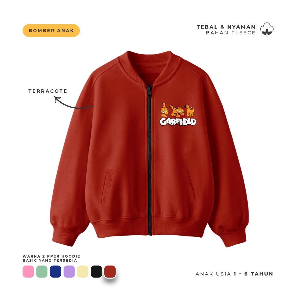 Ulakids Bomber Zipper Jacket / Jaket Bomber Bomber Garfield 3 Cat Anak1-6thn
