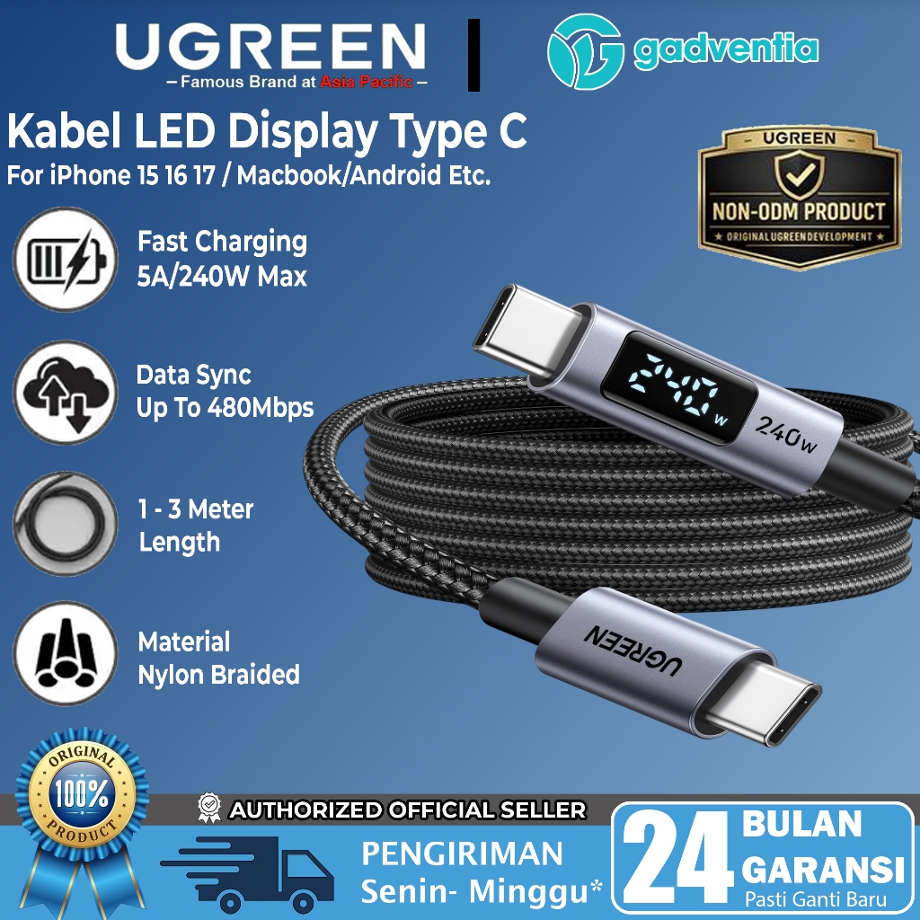 UGREEN Kabel Data PD Type C to Type C Digital Display Fast Charging 240W Max 5A Nylon Braided