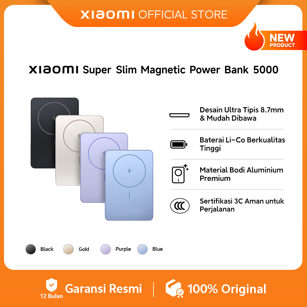 Xiaomi Super Slim Magnetic Power Bank 5000mAh | Desain Ultra Tipis 8.7mm & Mudah Dibawa | Baterai Li