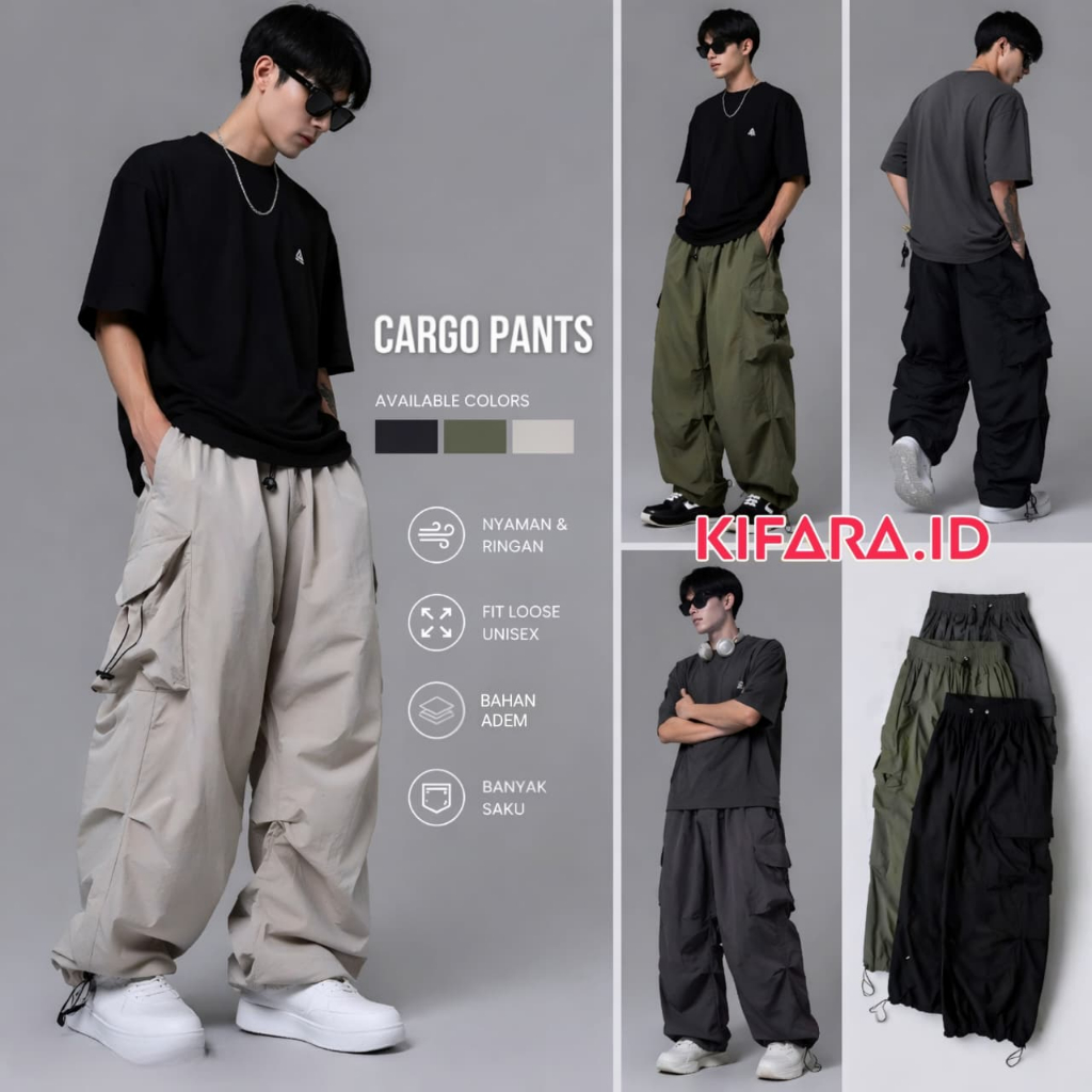 Celana Panjang Cargo Pria High Waist Pinggang Karet Tali Serut Out Door Korean Satail
