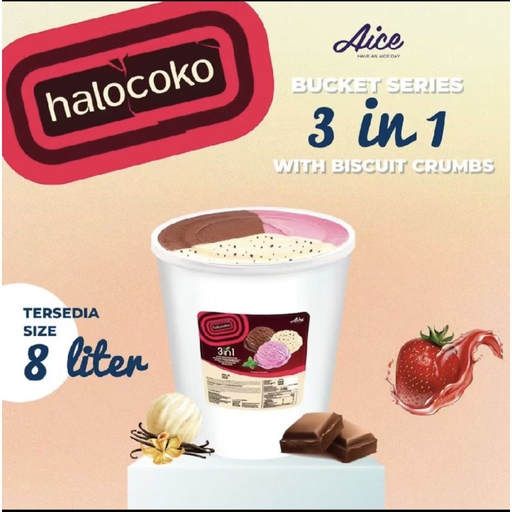 Aice Halocoko Murah Bekasi Es krim/ Es Cream 8 Liter Bucket ember Neapolitan rasa 3in1  ( Vanilla wi