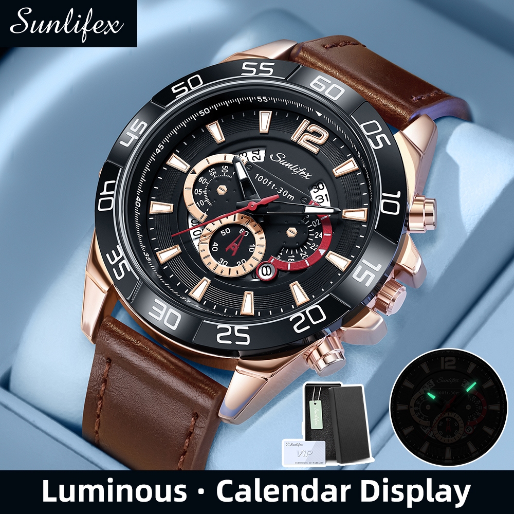 Sunlifex Jam Tangan Pria Original Olahraga Anti Air Pria Tali Kulit Kalender Luminous Jam Tangan Cow