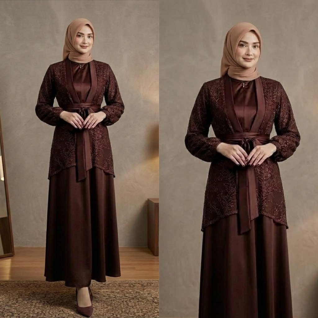 Gamis Muslim Wanita Fuji Dress Veloxa Mahogany Satin Brokat Busui Friendly