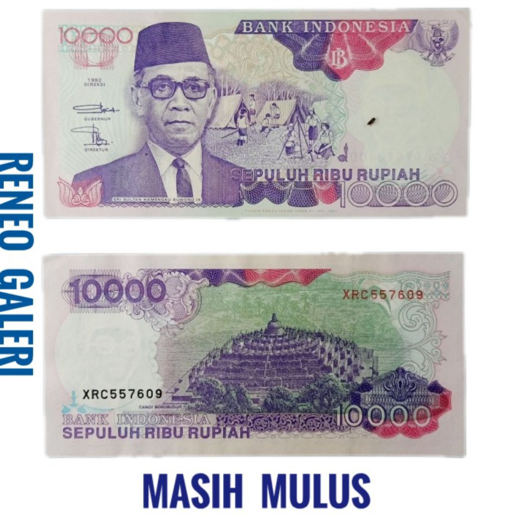 Mulus asli 10000 Rupiah Tahun 1992 Sri Sultan Hamengkubuwono Borobudur Rp 10.000 Uang kertas Kuno or