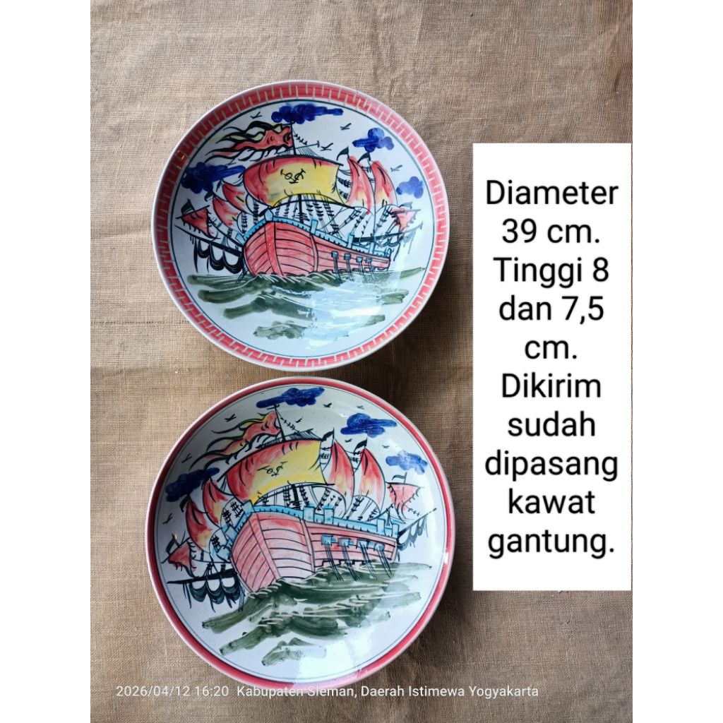 Diameter 39 cm 2 buah piring keramik lukis gambar kapal voc untuk dekorasi hiasan dinding, sudah di 