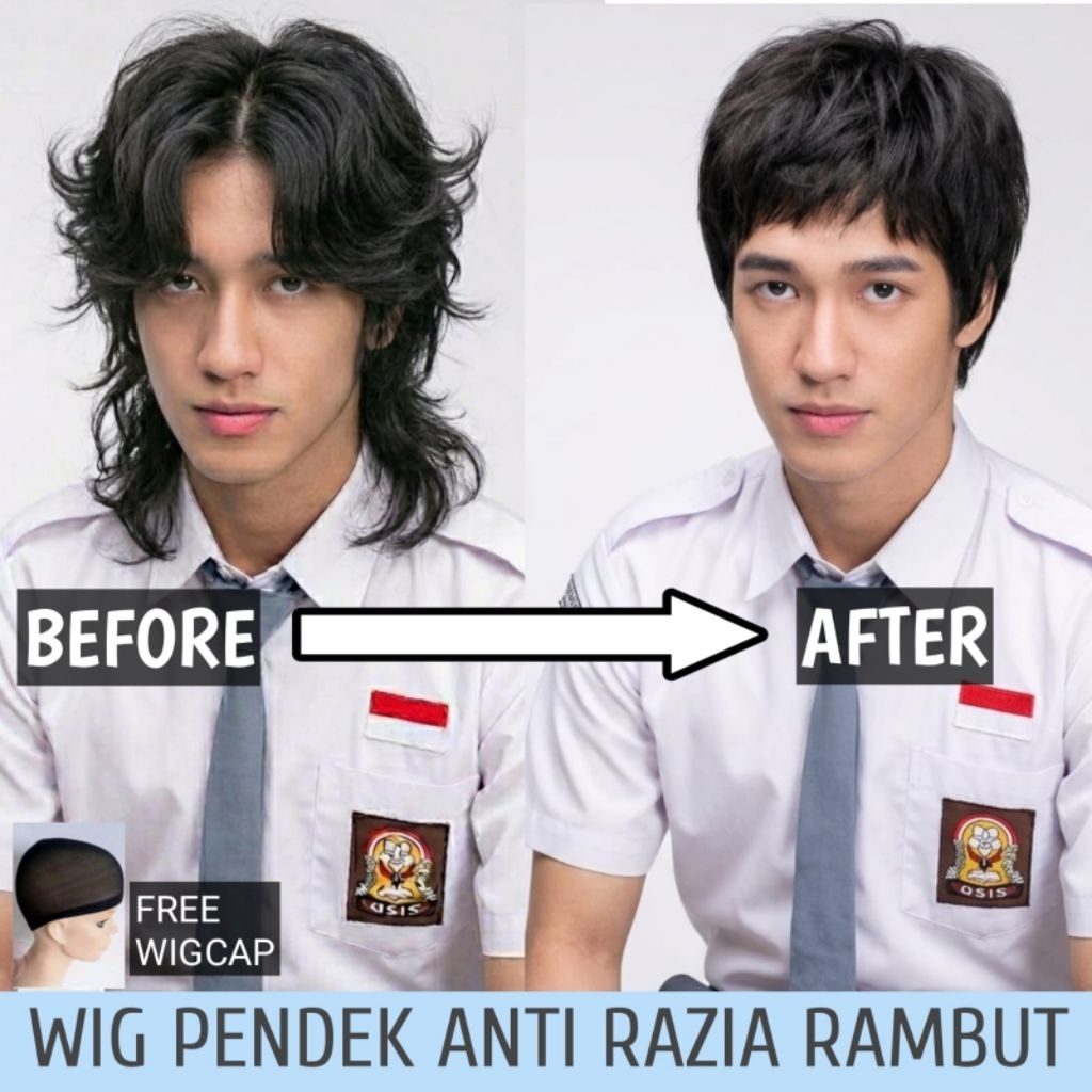 Wig Pria Rambut Pendek Untuk Penutup Rambut Panjang & free wigcap untuk menutupi rambut asli