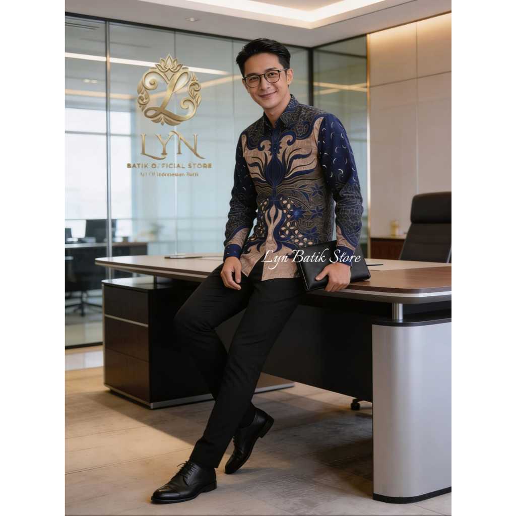 MAHATMA NAVY CREAM Kemeja Batik Pria Lengan Panjang Kemeja Batik Warna Biru Navy Cream Baju Batik Pr