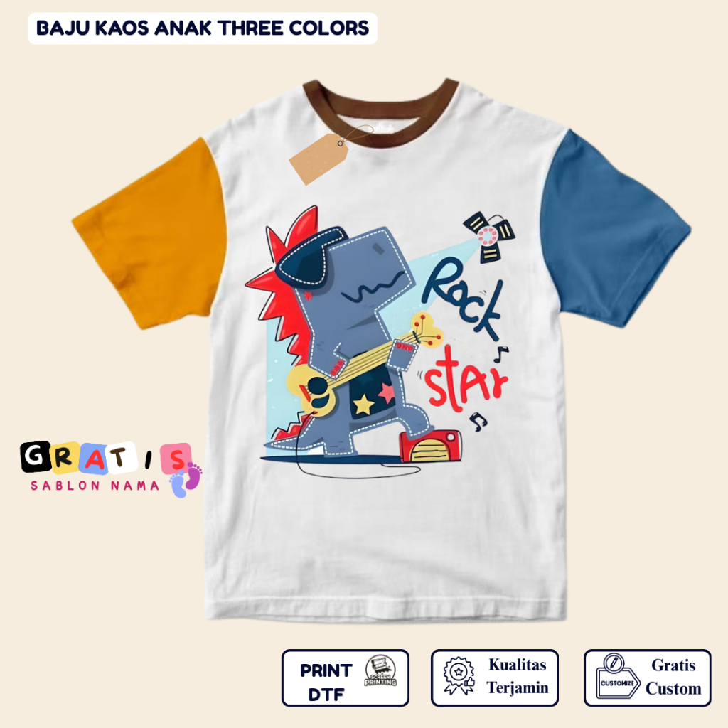 shabira tas  - Kaos Anak Dino ROCK STAR  - Kaos Anak Pendek Three Colors Dino - Kaos Anak Sablon Nam