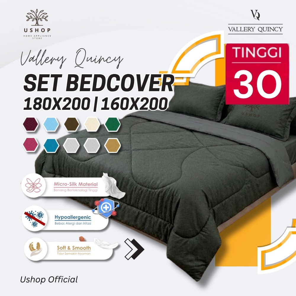 VALLERY Quincy Bedcover Set + Sprei 180x200 / 160x200 Tinggi 30 Cm Polos Embos King Queen Size USHOP