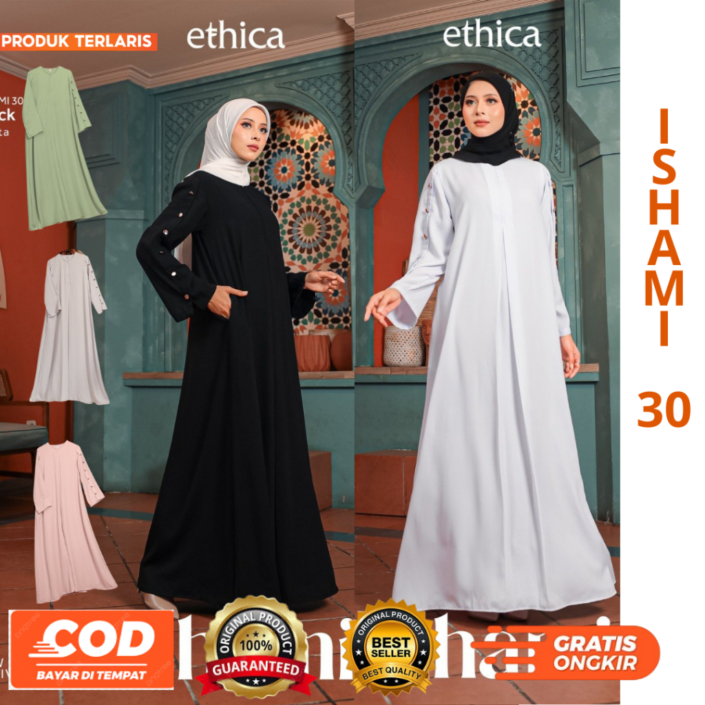 Ethica Ishami 30 Gamis Muslimah Lengan Panjang Motif Kancing Samping Warna Hitam Putih