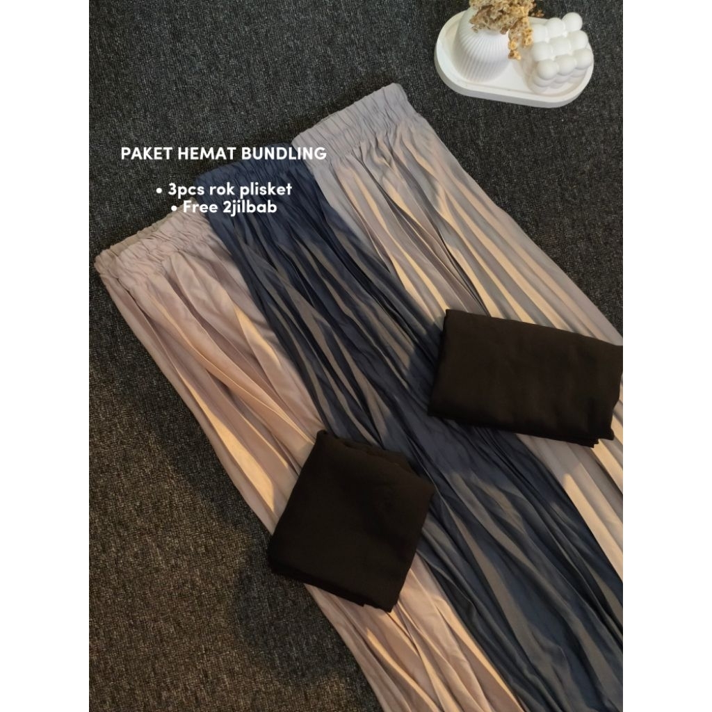 Rok Plisket Bundling 3 Warna + Free 2 Jilbab