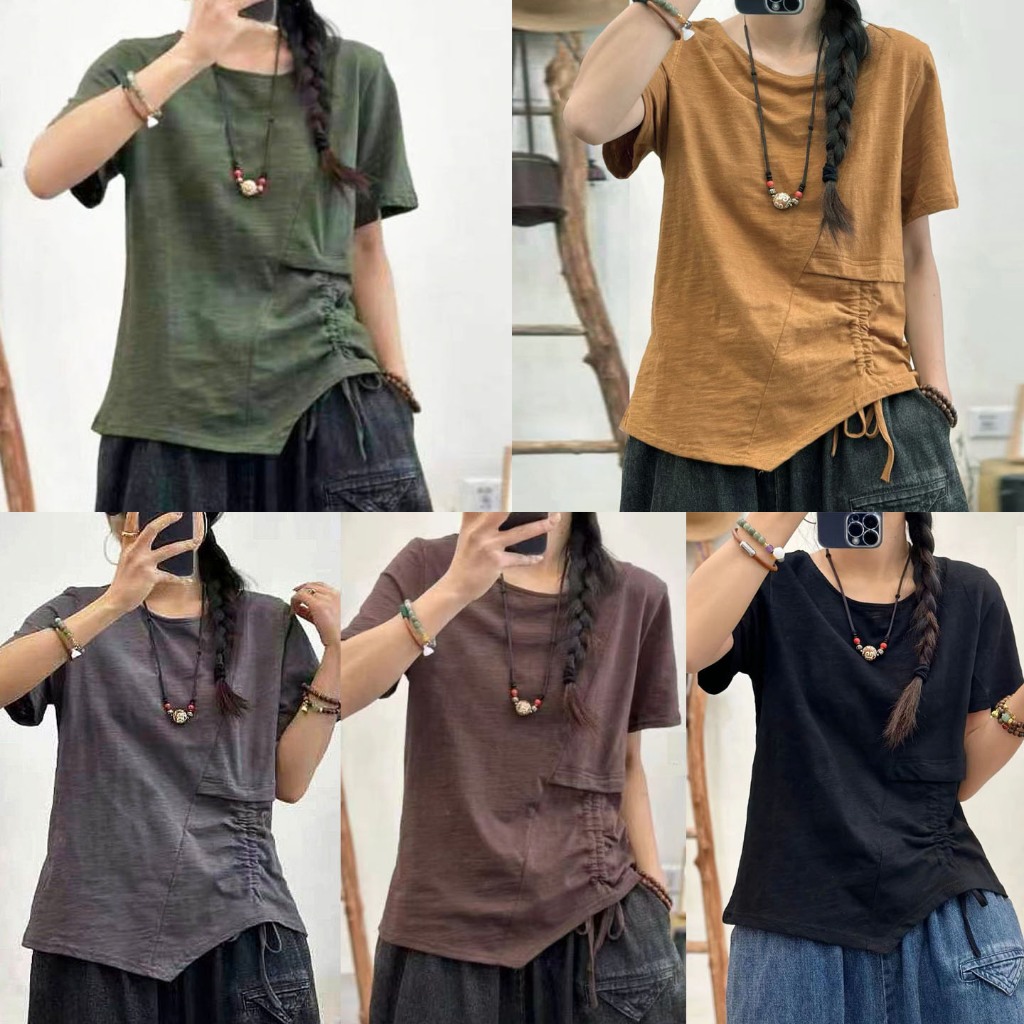KAOS POLOS HIJAU KHAKI ABU COKLAT HITAM HEM ASIMETRIS SERUT SAMPING KOREA IMPORT