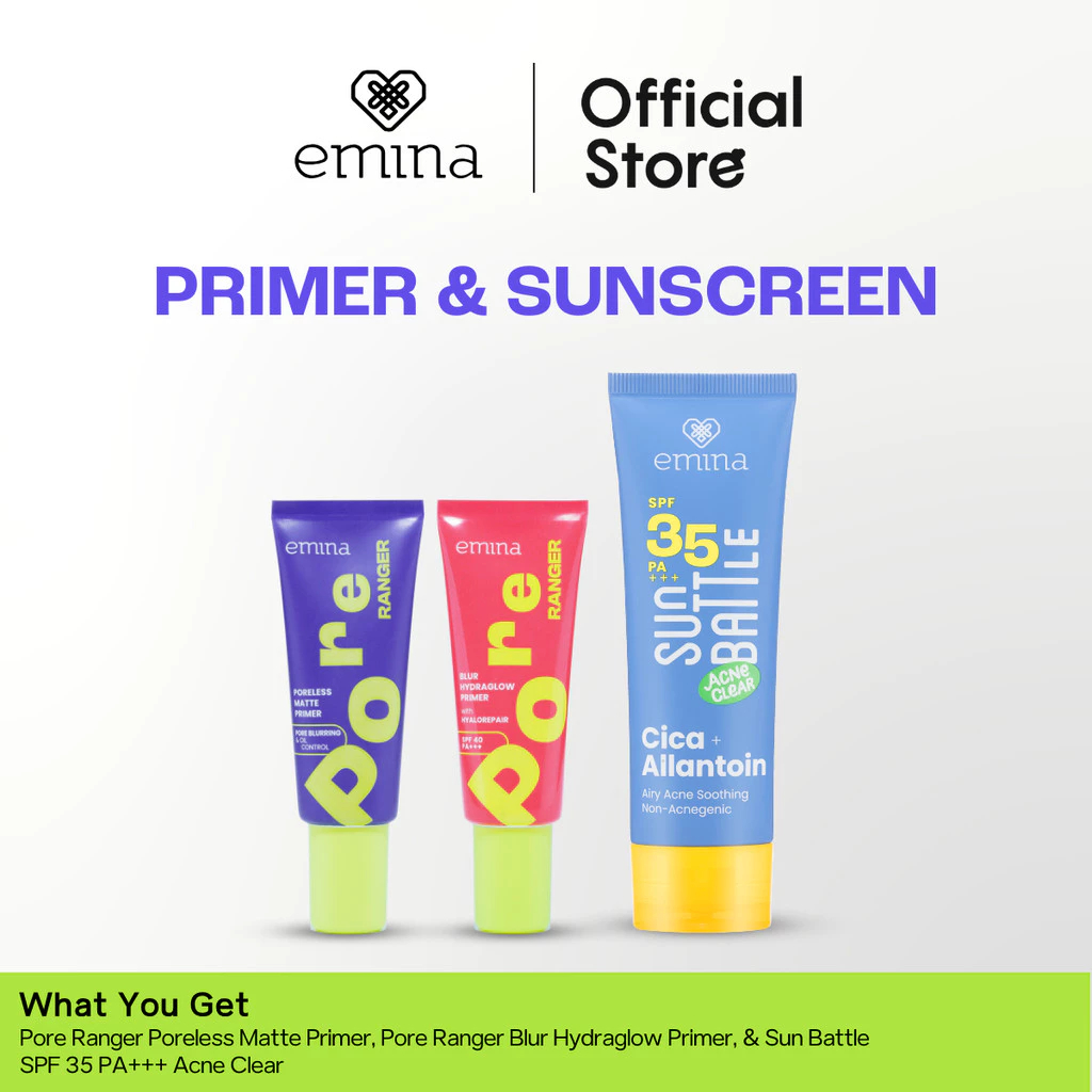 NEW Emina Protect Glow Set (Sunscreen + Primer) Sun Battle SPF 35 PA +++ Acne Clear Cica + Allantoin