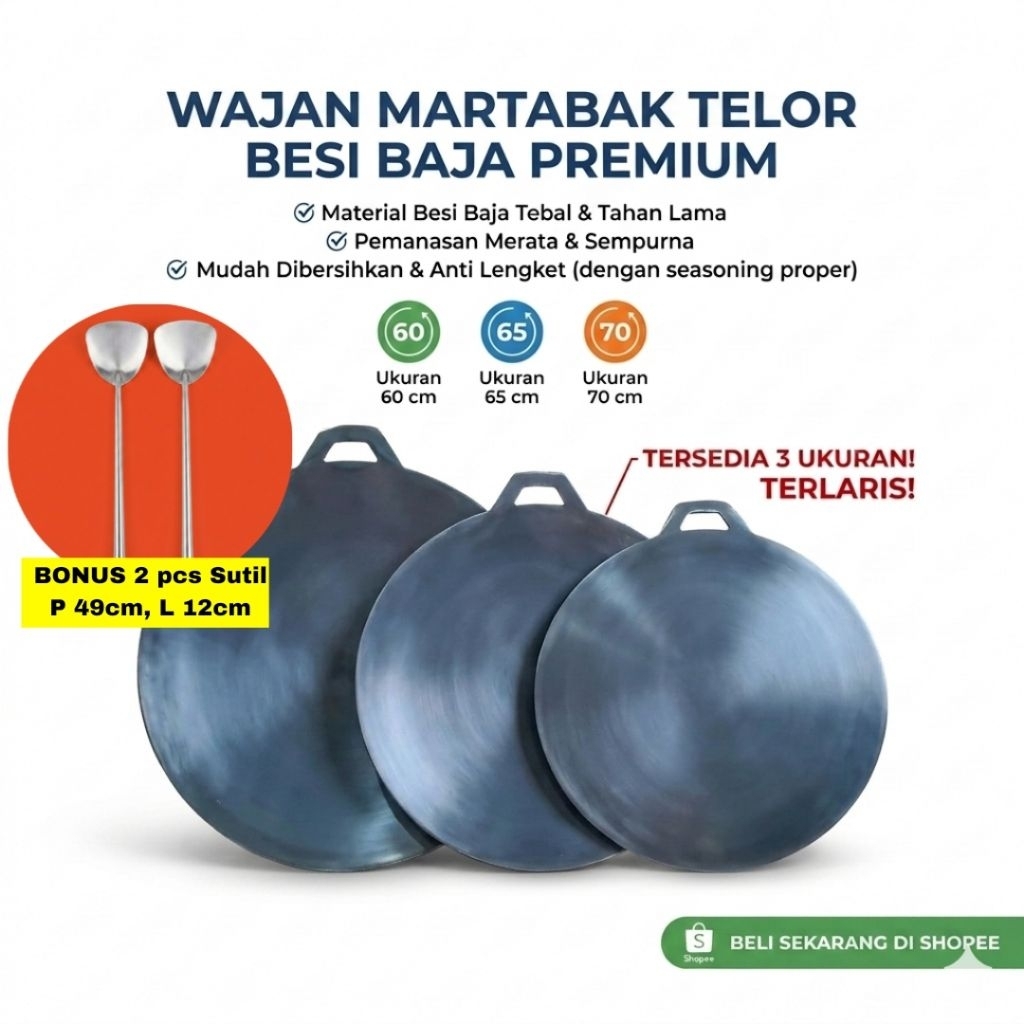Wajan Loyang Martabak Telor Besi Baja Hitam Tebal Ukuran 60 65 70 cm - Alat Masak Martabak Anti Leng