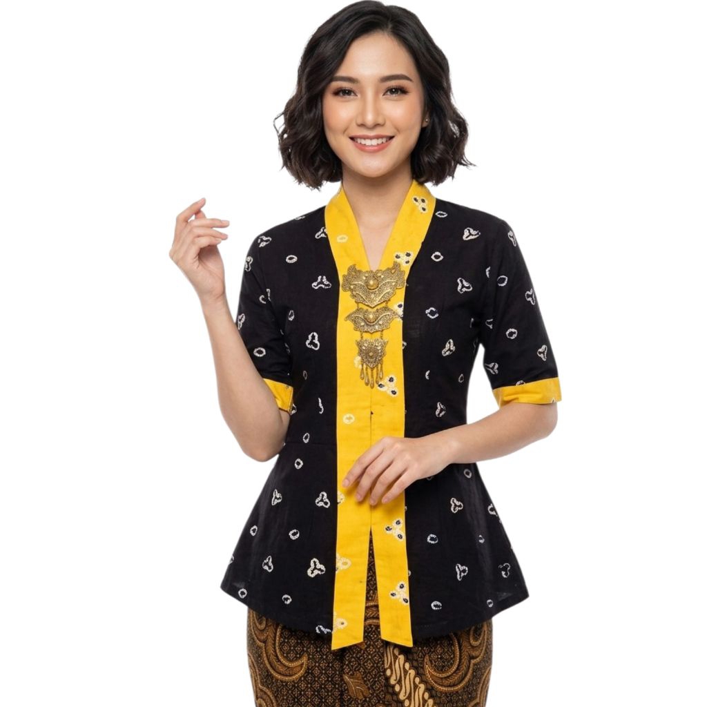 Blouse kutu baru kartini jumputan hitam list kuning bahan katun kancing depan lengan panjang