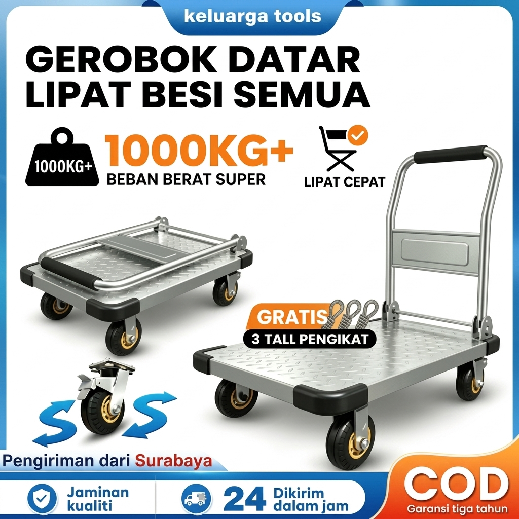 Troli Barang Lipat Besi Troli Lipat Portable 1000KG 800KG Roda Troli 4 Inch 5 Inch