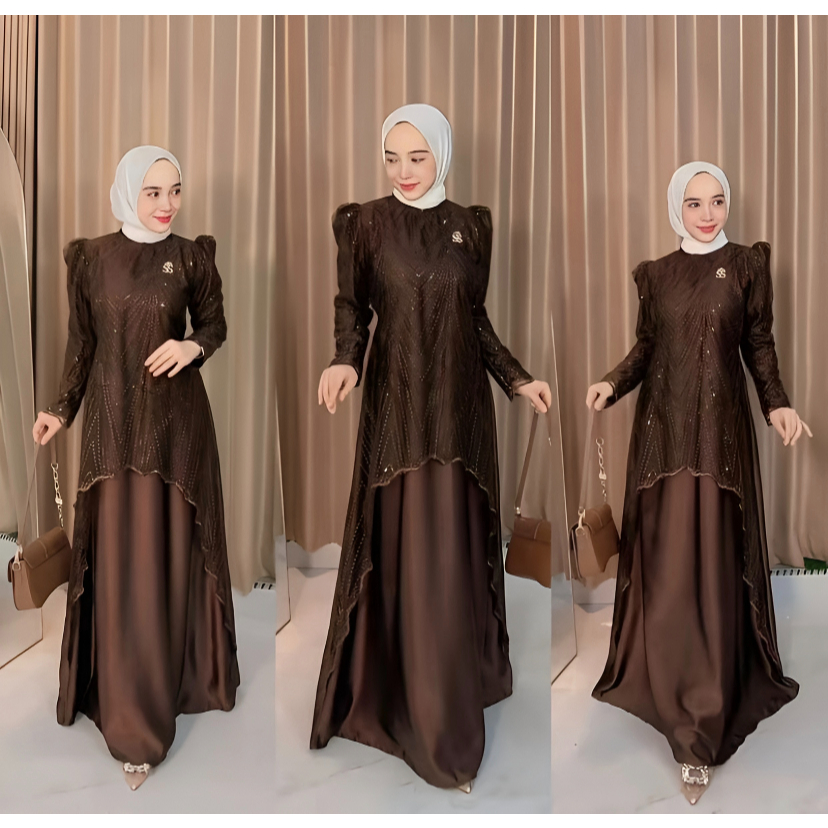 Mazaya Dress Gamis Brokat Terbaru Gaun Pesta Wanita Mahogany Mewah Bahan Satin Kombinasi Brukat