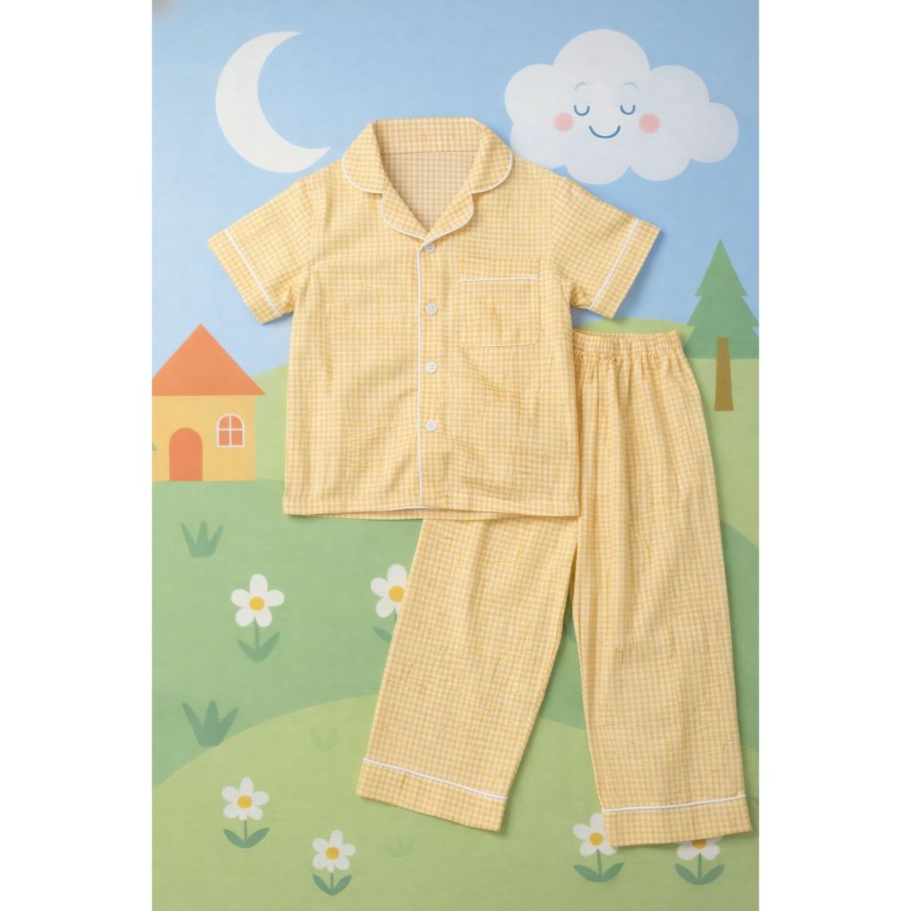 The Little Bee Piyama Anak - Yellow Shine Gingham Pajamas Set
