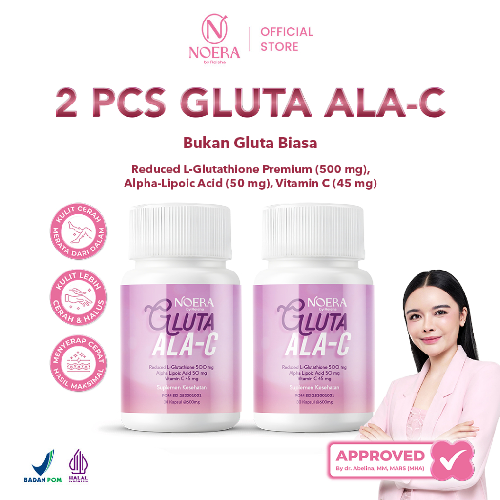 Noera 2 Pcs Gluta ALA-C | Noera Suplement Whitening L-Glutathione 500mg | Noera Whitening Capsule | 