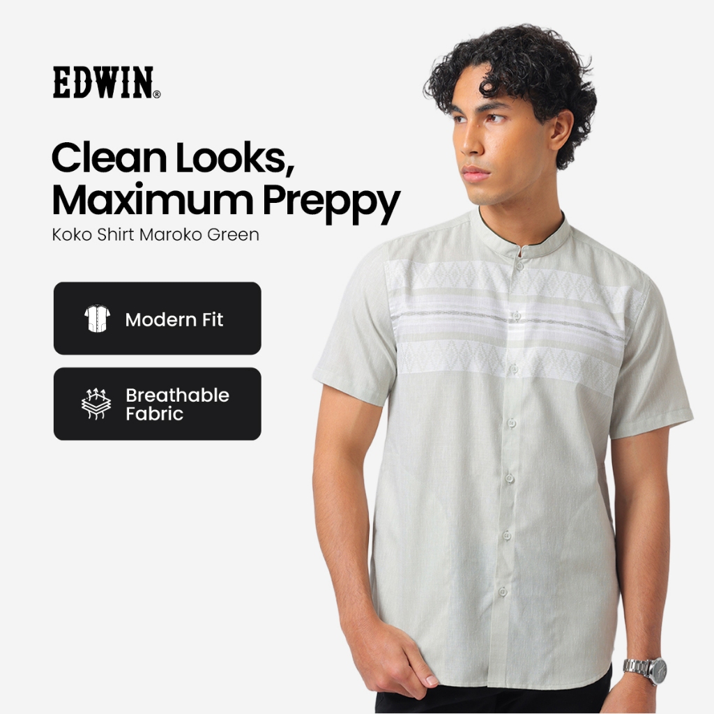 EDWIN JEANS - Kemeja Koko Pria Lengan Pendek MAROKO GREEN Baju Muslim Pria