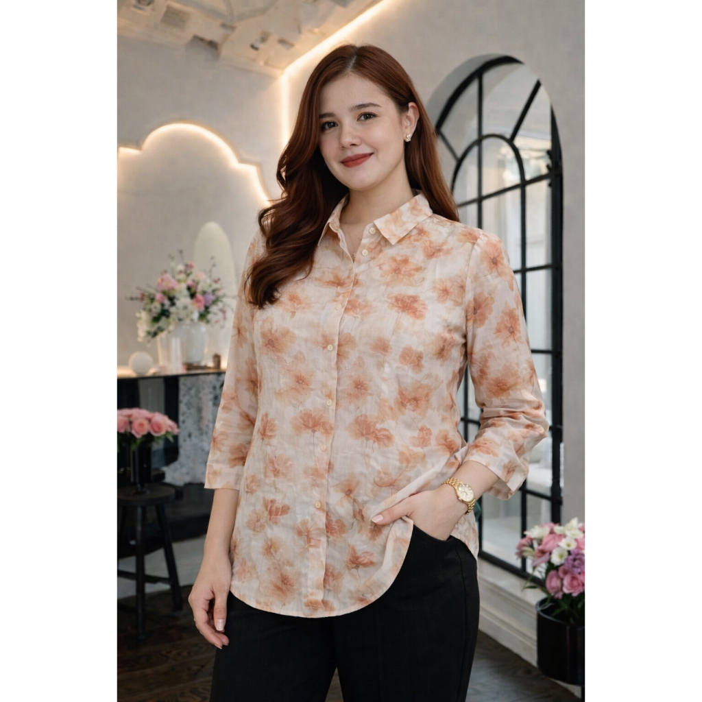 Kemeja Wanita Lengan Panjang Motif Bunga Warna Krem Pink Lengan Setengah - blose viral 2026