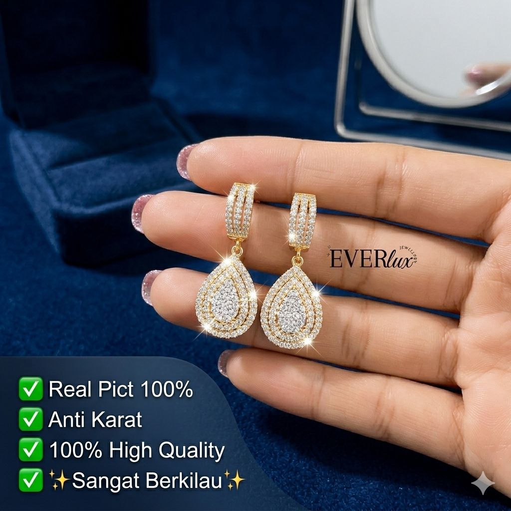 Everlux - Anting Giwang labu Gantung Besar PAULA Gold Diamond Titanium Antikarat Antialergi Tahan La