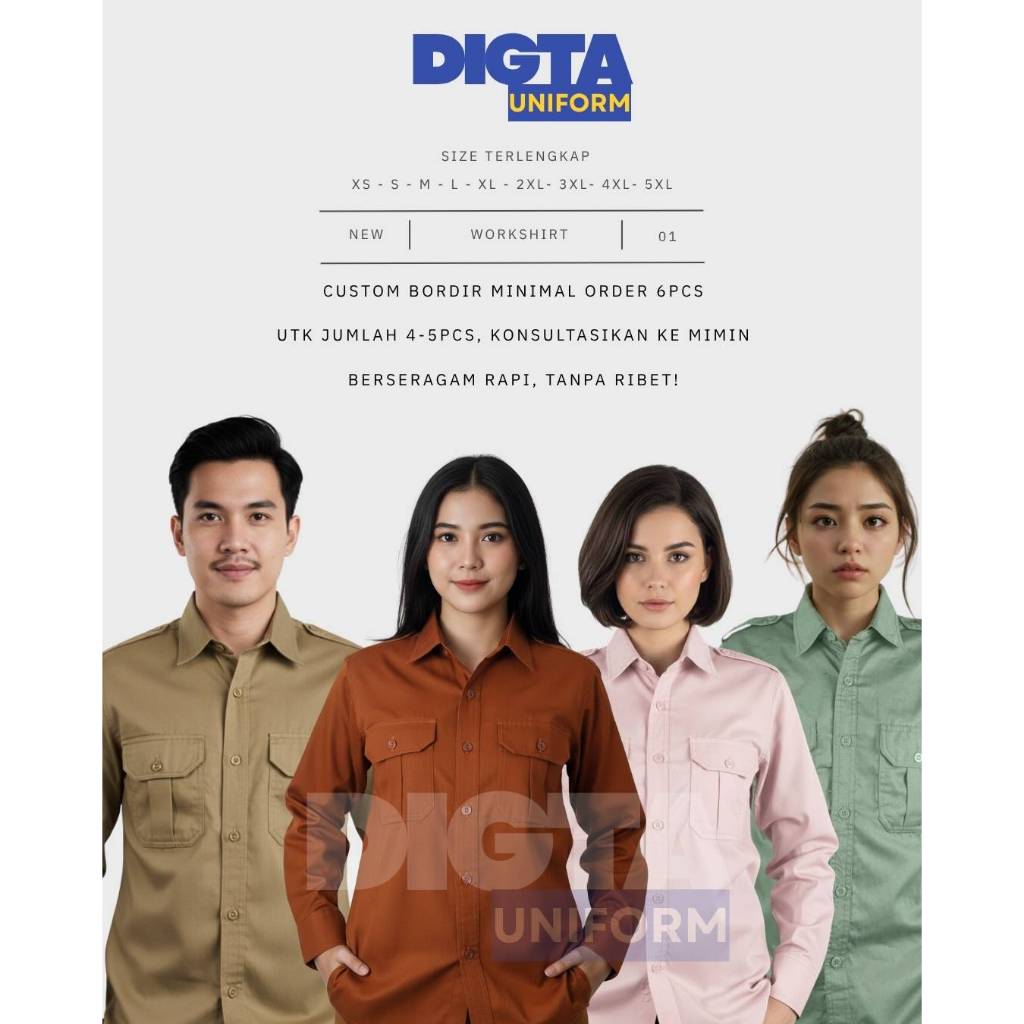SERAGAM CUSTOM BORDIR Warna Khaki/ Keki, Merah Bata/Terakota, Pink Baby, Hijau Sage - Kemeja Polos P