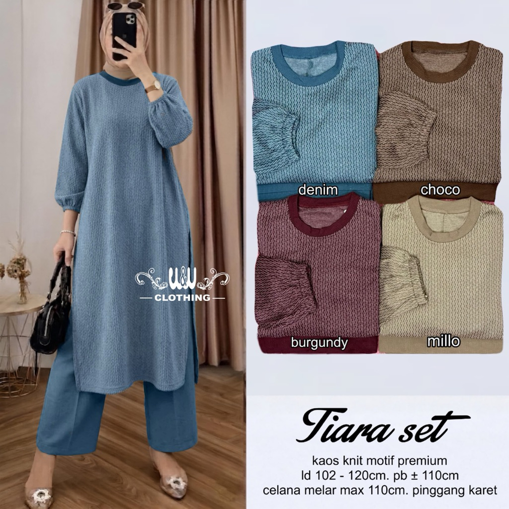 Tiara Set Knit Premium - Setelan Tunik Knit Motif & Celana Kulot Highwaist LD 120cm