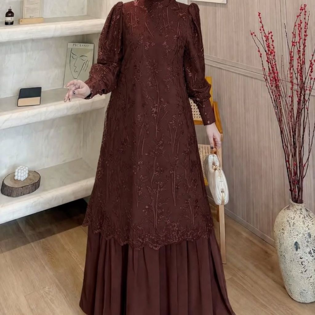Gaun Muslim Brokat Bordir Elegan Wanita Gamis Pesta Hijab Formal Modern Premium