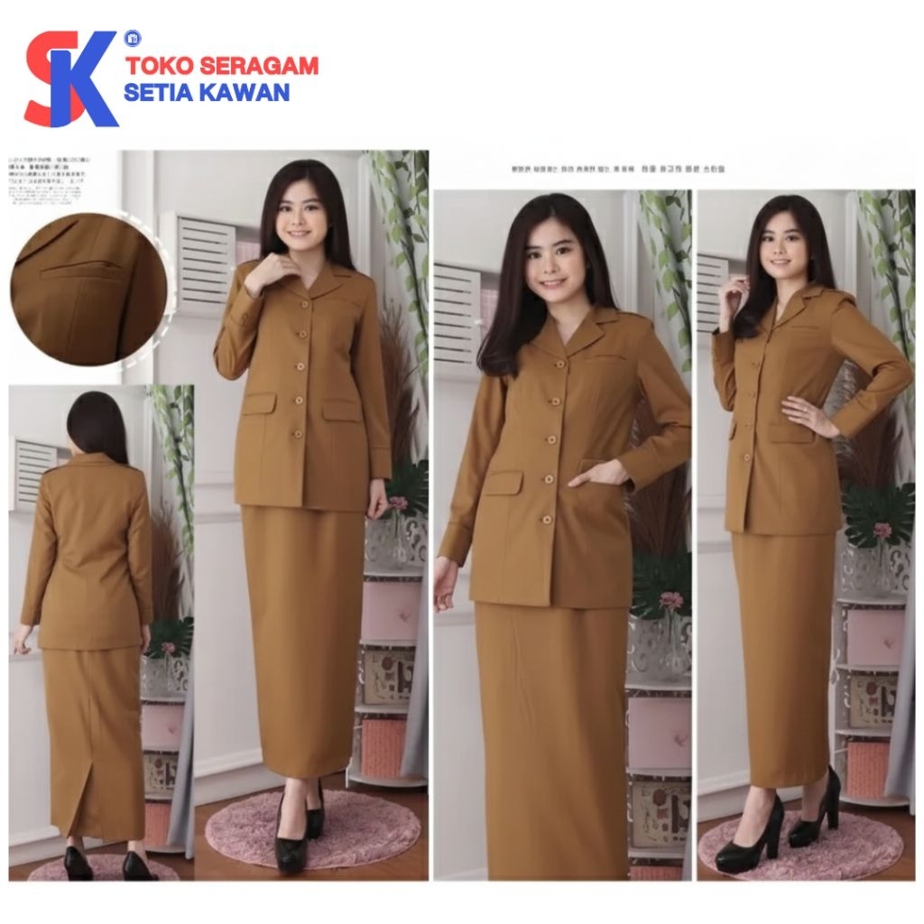 Setelan Seragam PDH Warna Khaki Tua Kemeja Lengan Panjang + Rok A-line
Seragam PDH