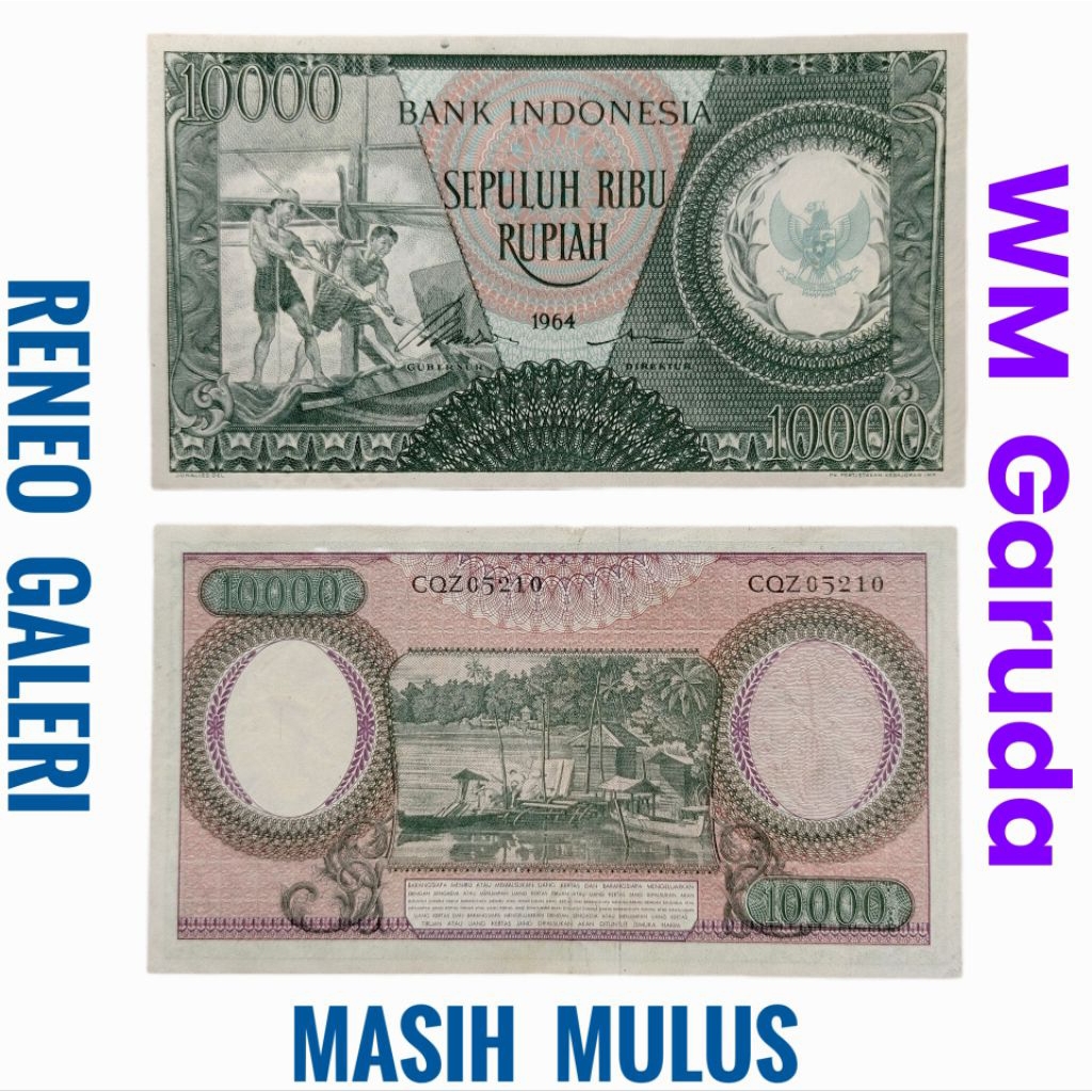 Mulus Asli 10.000 Rupiah WM Garuda Seri Pekerja tangan hijau tahun 1964 Rp 10000 uang kertas kuno la