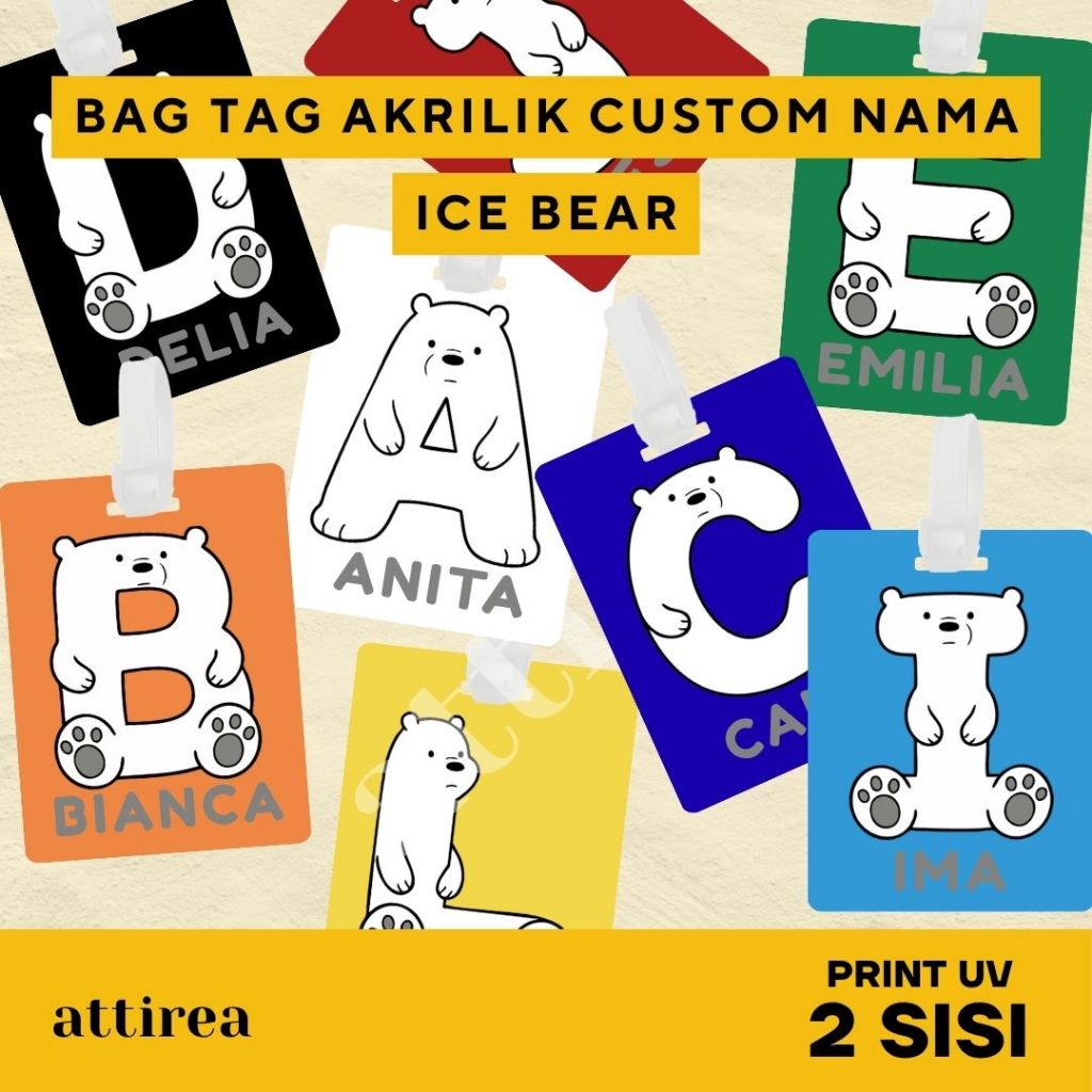 Bag Tag Akrilik Inisial - Ice Bear We Bare Bears | Gantungan Tas Koper Luggage Lucu Tahan Air Nama