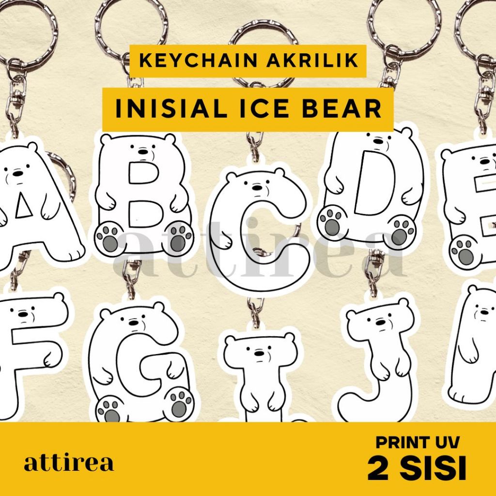 Gantungan Kunci Akrilik Inisial - Ice Bear We Bare Bear | Keychain Souvenir Inisial Lucu Wanita
