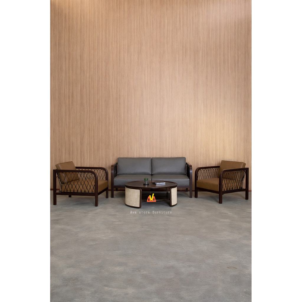 Sofa Kayu Solid Model Japandi + Meja Bulat Rotan Aesthetic Ruang Tamu