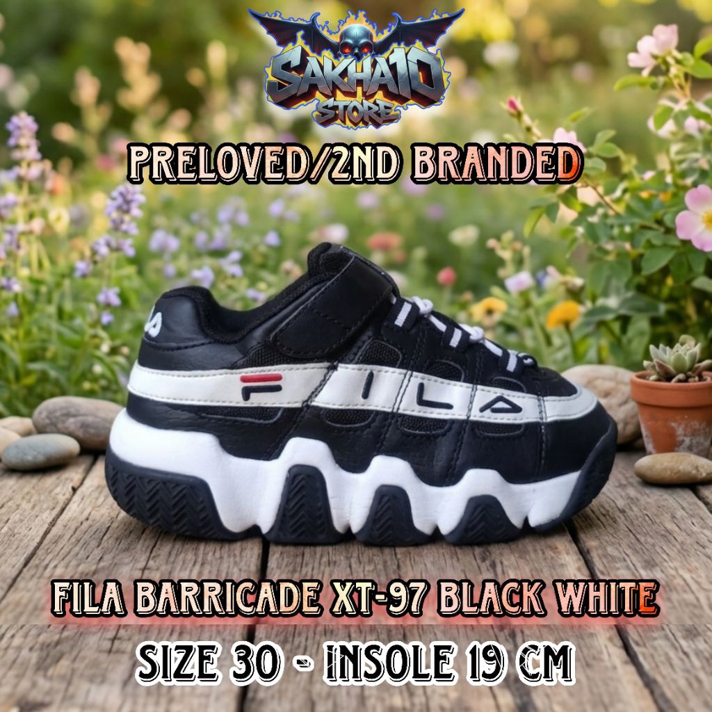 SEPATU SNEAKERS ANAK COWO/CEWE UNISEX SEKOLAH/OLAHRAGA/CASUAL FILA BARRICADE BLACK HITAM VELCRO
