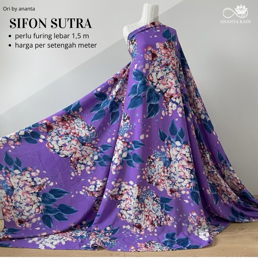 kain sifon sutra motif bunga ungu besar