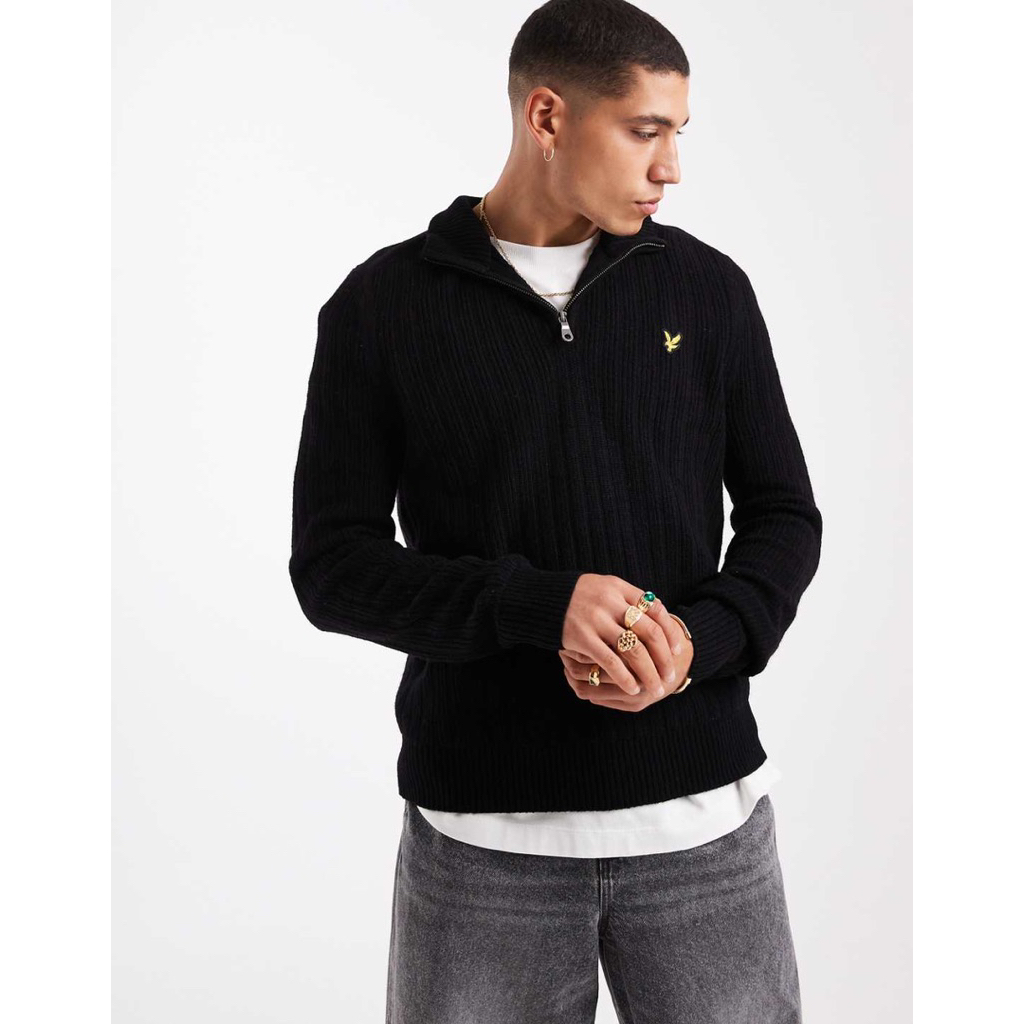 Lyle And Scott Ribbed Quarter Zip Jumper Knit In Black