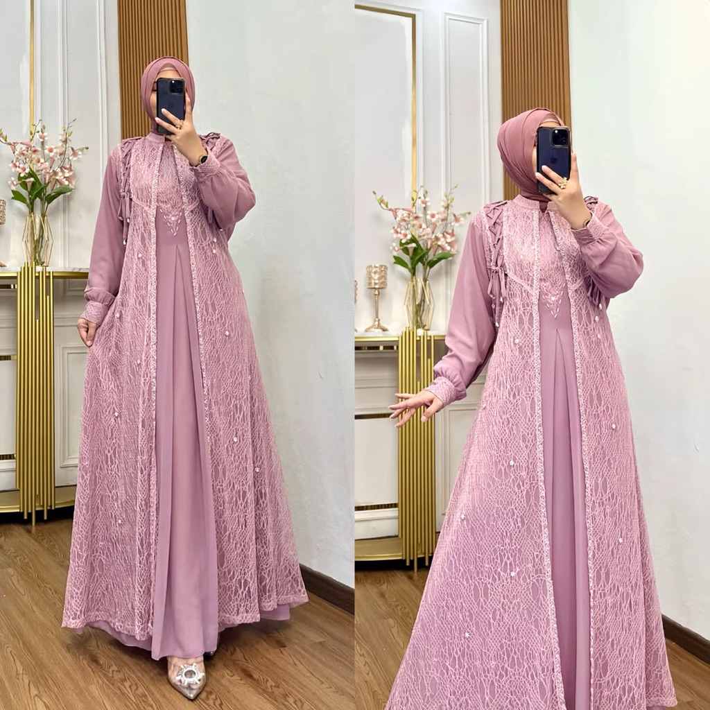 Devita Dress Gamis Brukat Tile Akar Mewah Baju Kondangan Muslimah Elegan Dusty Pink Seragaman Brides