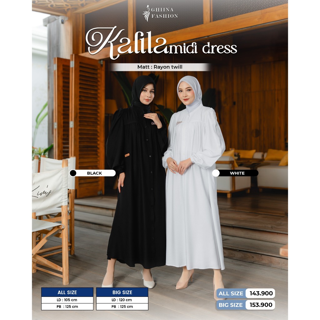 kalila midi dress , gamis polos, gamis hitam putih, gamis adem, gamis ghiina