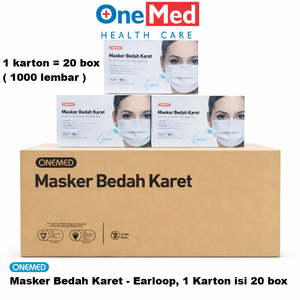 1 KARTON ISI 20 BOX MASKER BEDAH ONEMED KARET EARLOOP 3 PLY