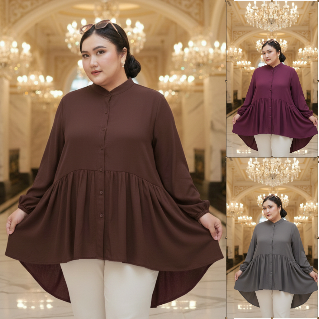 Baju Atasan Wanita Terbaru JUMBO Blouse Kemeja Rayon Twill Lengan Panjang Muslimah Casual LD 120-140