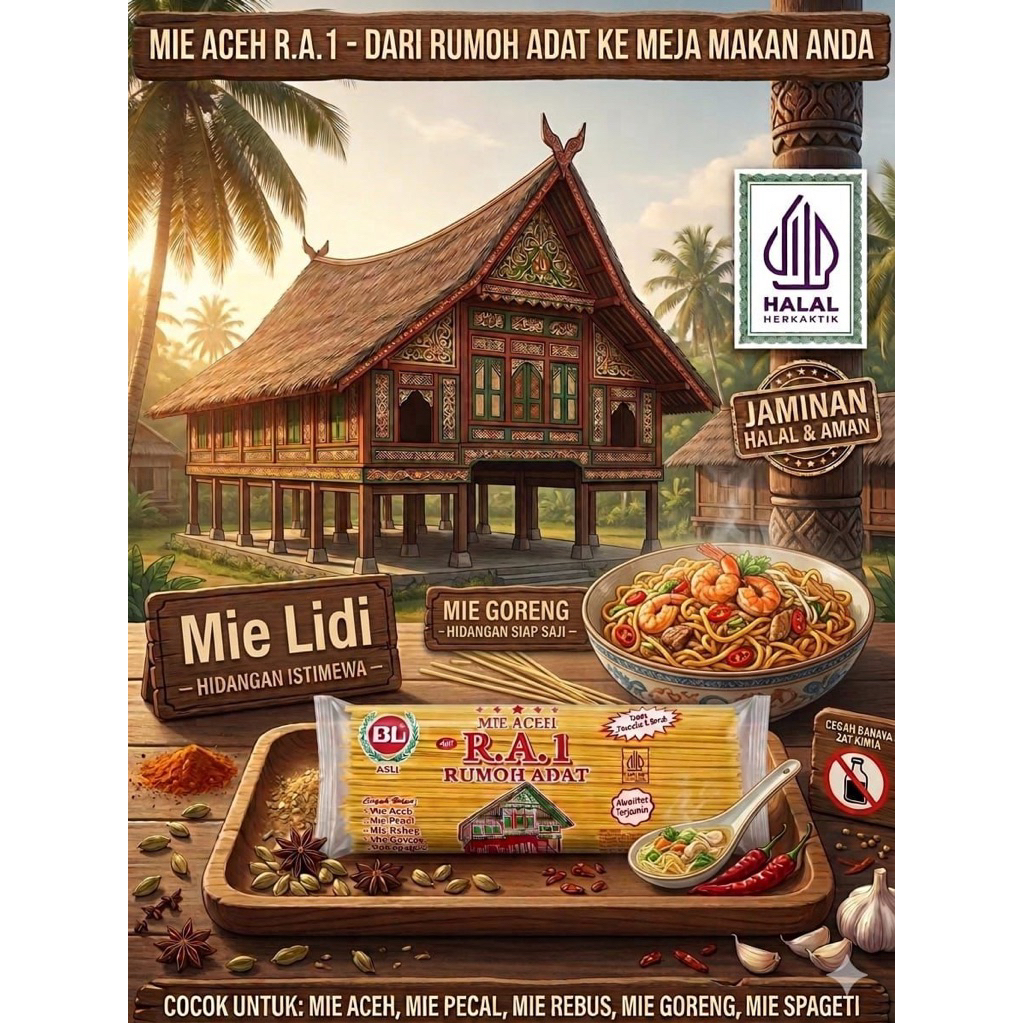 Mie Lidi/Mie Gomak/Mie Kering/Mie Aceh RA1 Rumoh Adat Kuning (500 Gram)