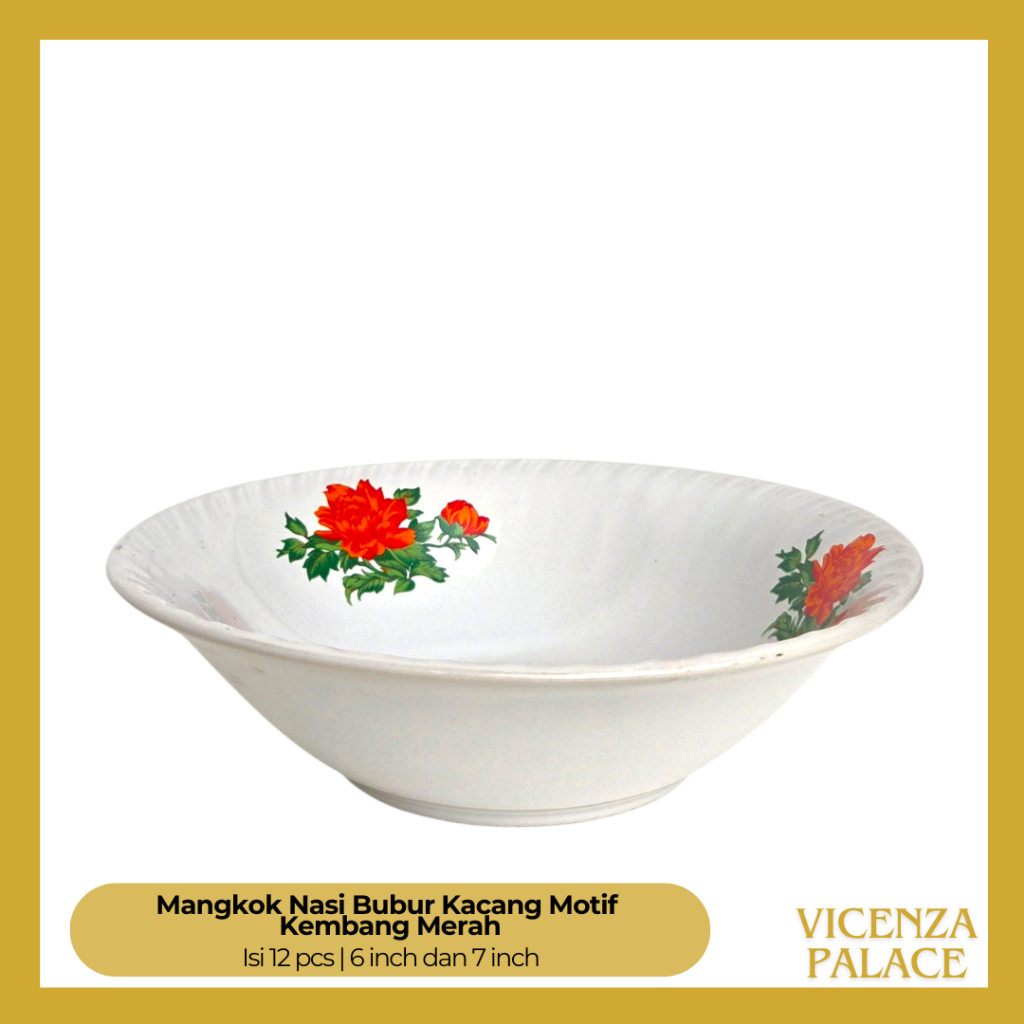 Mangkok Keramik Mie Bubur Motif Kembang Merah Ukuran 6 dan 7 Inch (1 Lusin)