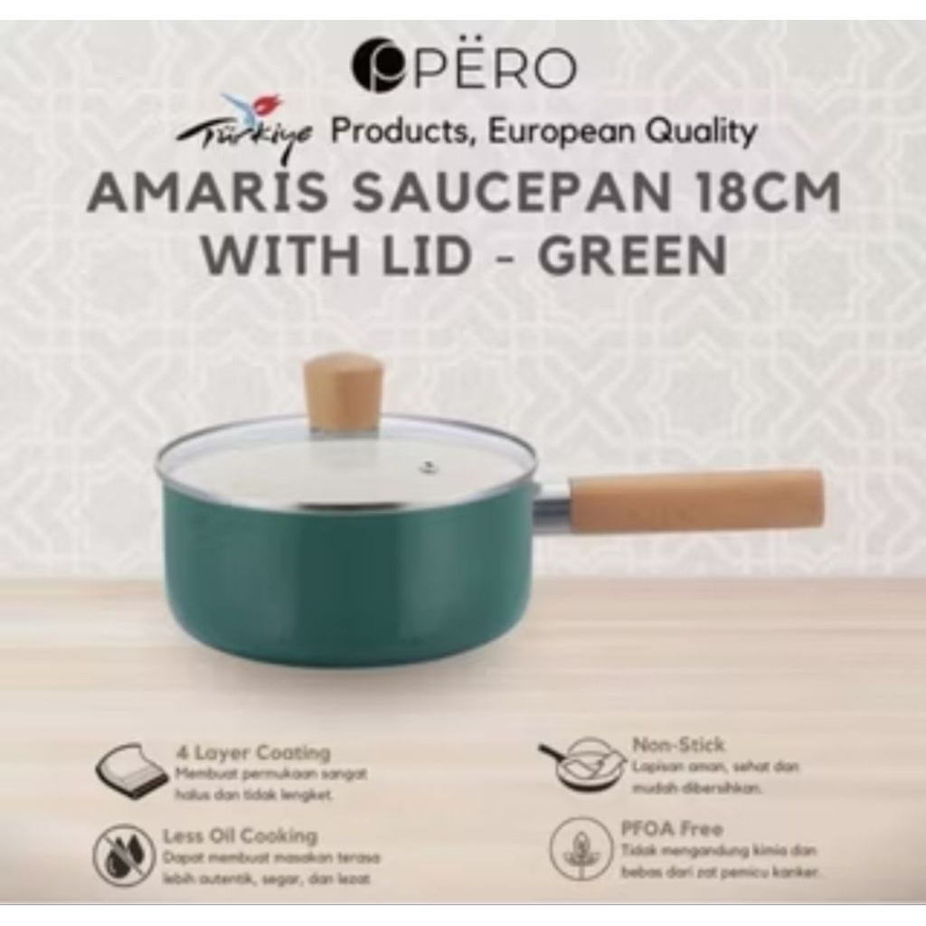 Pero Amaris Sauce Pan 18cm + Lid Wooden Handle warna hijau teal