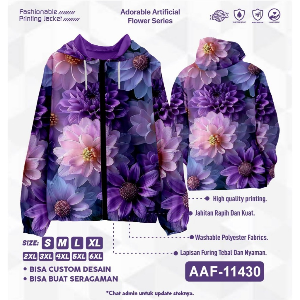 Jaket Parasut Wanita Printing Jumbo / over size pria dan wanita Motif Bunga Flower 3D Art02