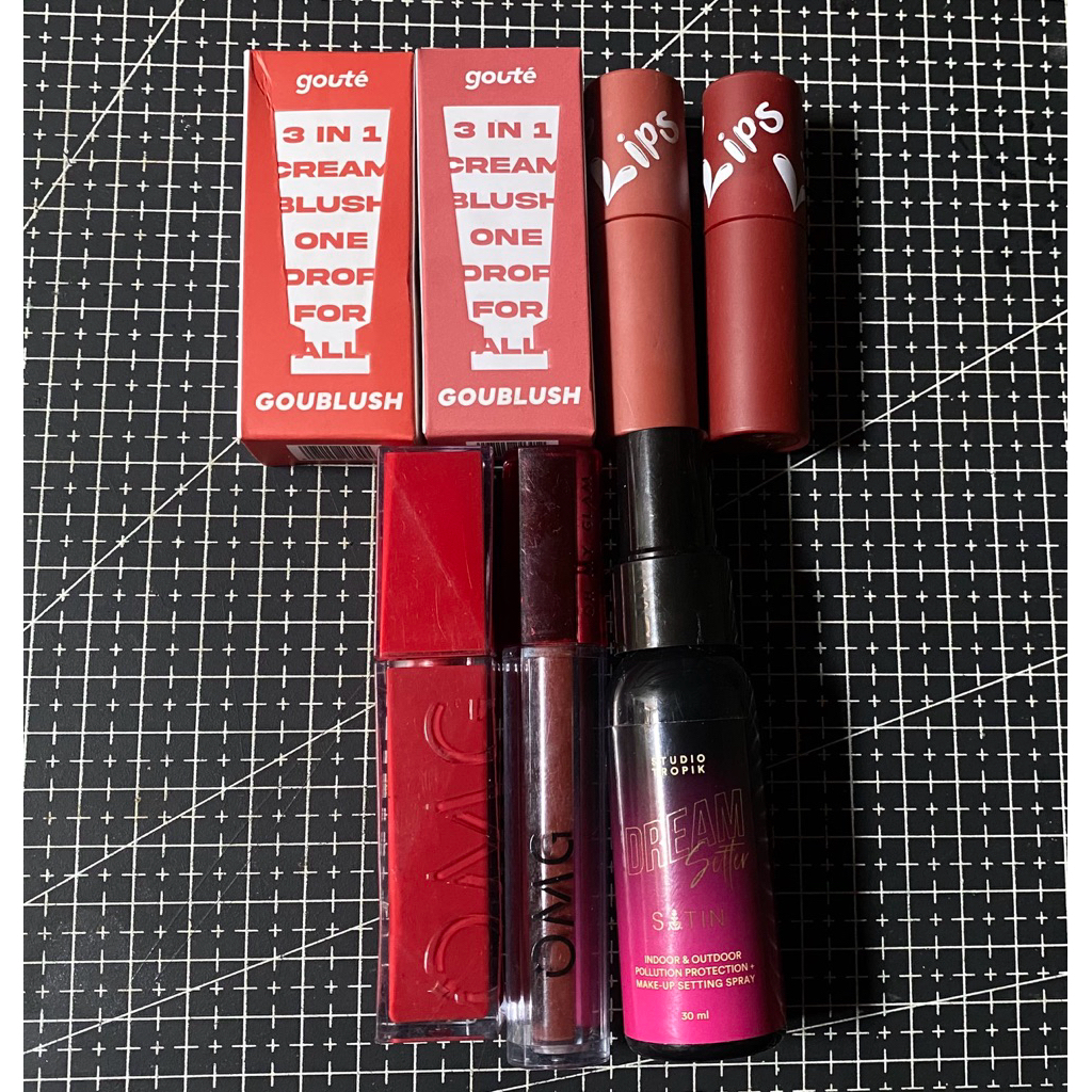 Goute, o.two.o, omg lip cream, setting spray studio tropik preloved