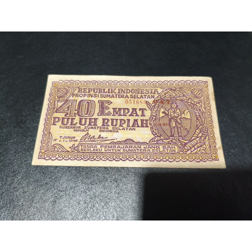 Uang kertas kuno 40 rupiah orida Tjurup Sumsel tahun 1949 aUNC