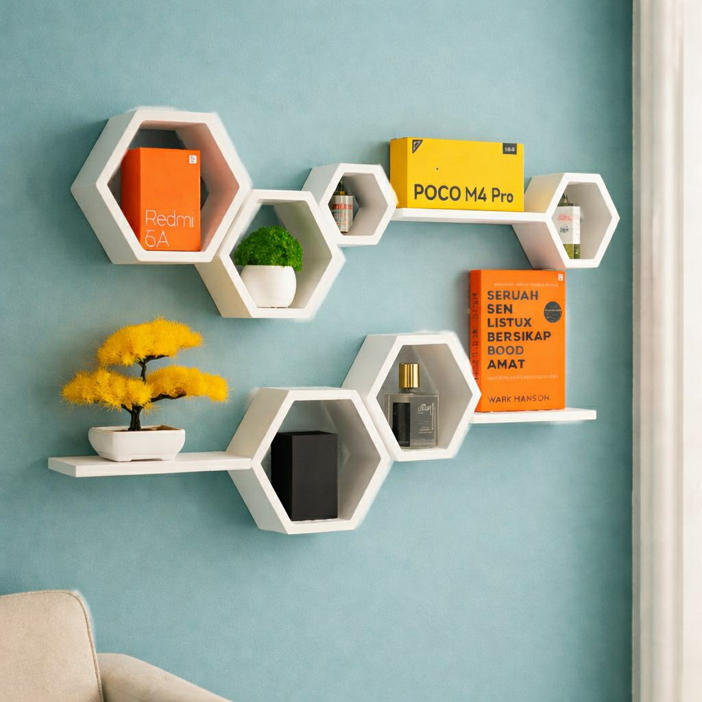 Hiasan Dinding Rak Kayu Hexagonal